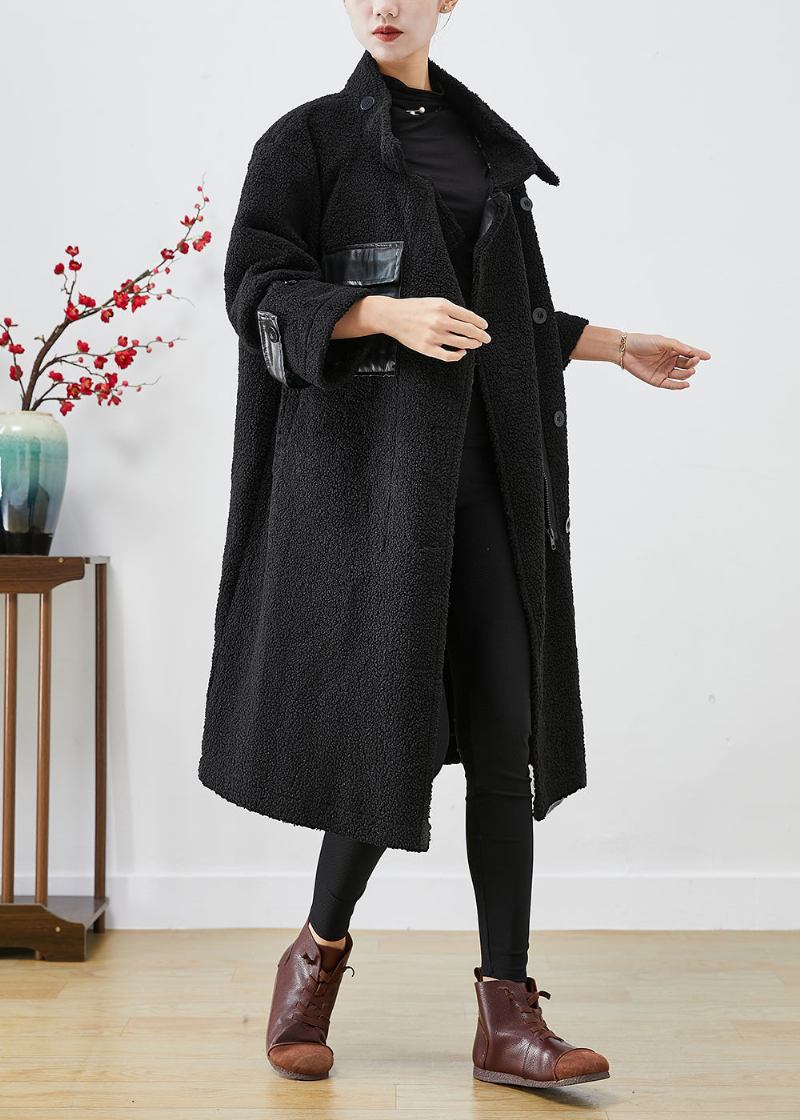 Taillierter Schwarzer Übergroßer Patchwork-taschen-kaschmir-trenchcoat Für Den Winter - Damen-Trenchcoats