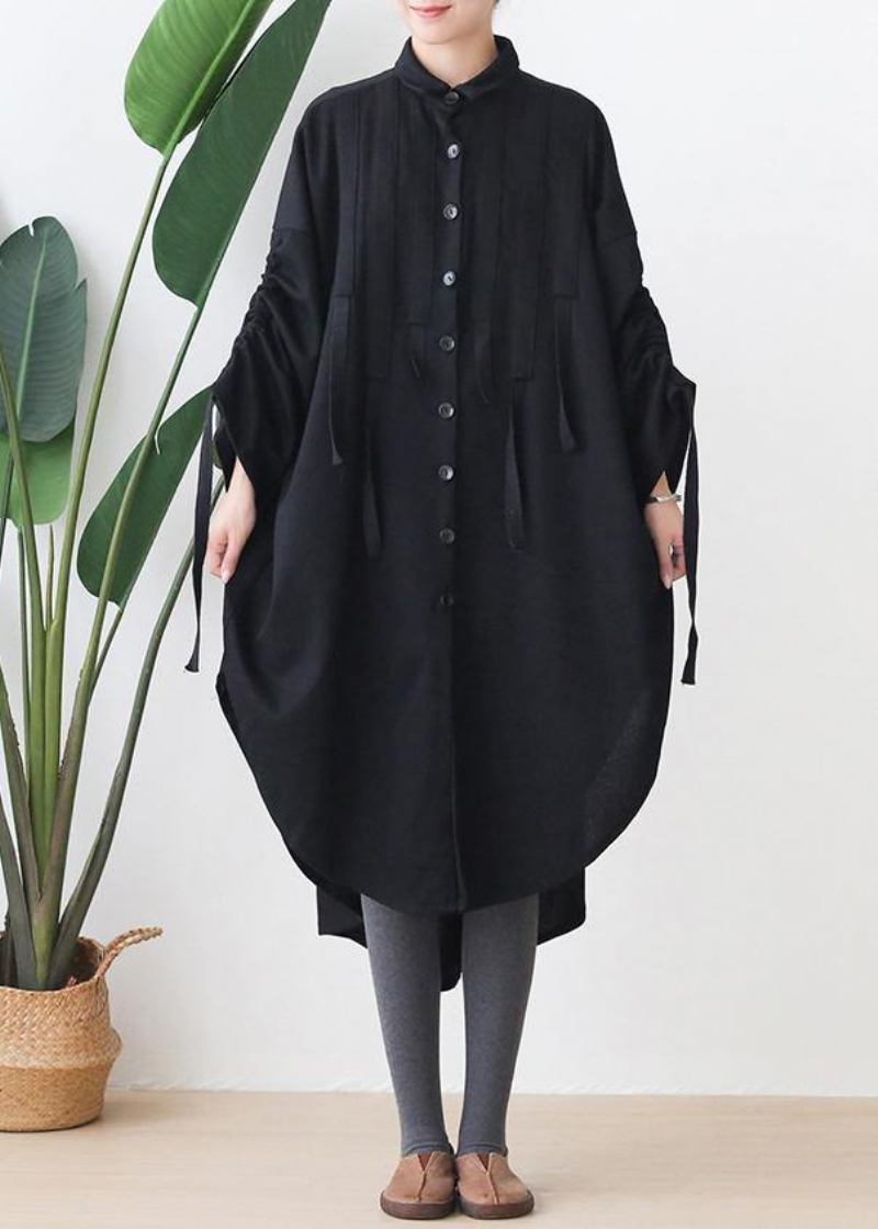 Tuniken Aus Bio-baumwolle In Schwarz Mit Revers Niedrigem Und Hohem Design Kaftan-kleider - schwarz