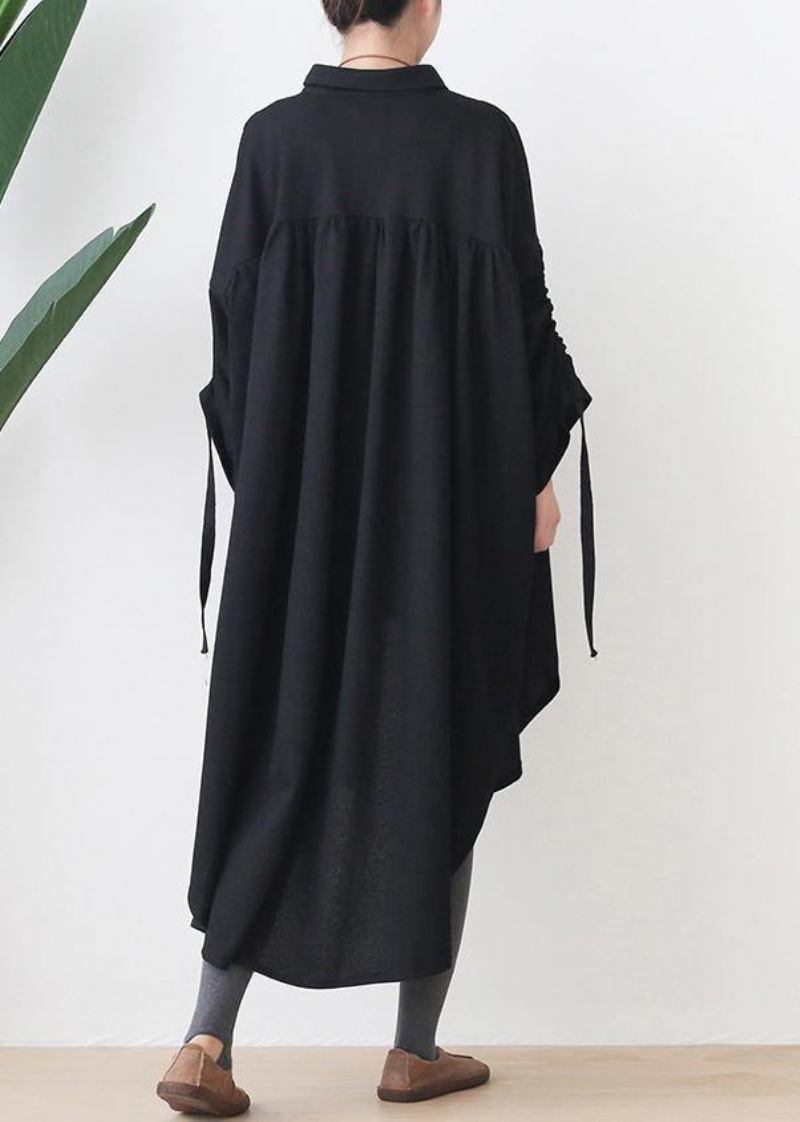 Tuniken Aus Bio-baumwolle In Schwarz Mit Revers Niedrigem Und Hohem Design Kaftan-kleider - schwarz