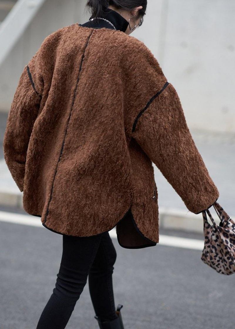 Übergroße Mäntel Für Damen Schokoladenbraun Wollmantel Mit Rundhalsausschnitt Und Reißverschluss - Damen-Trenchcoats