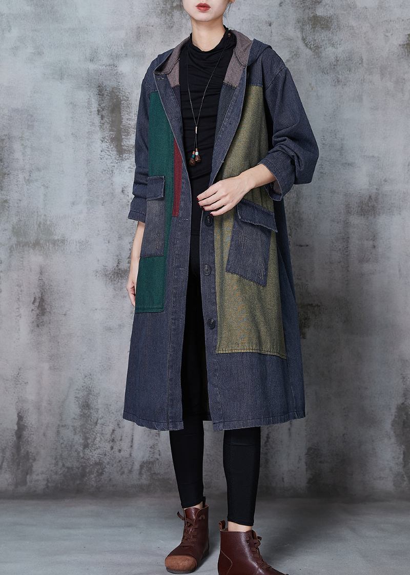 Übergroße Marineblaue Trenchcoats Aus Denim Mit Patchwork-muster Frühling