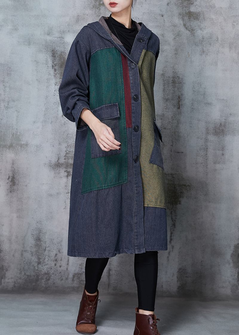 Übergroße Marineblaue Trenchcoats Aus Denim Mit Patchwork-muster Frühling - Damen-Trenchcoats