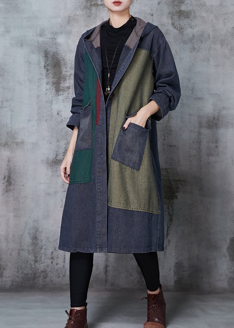 Übergroße Marineblaue Trenchcoats Aus Denim Mit Patchwork-muster Frühling - Damen-Trenchcoats