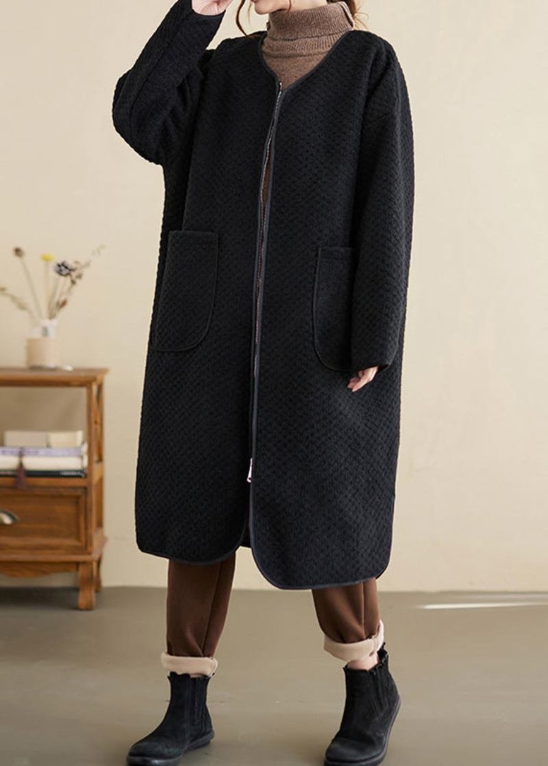 Übergroßer Schwarzer Reißverschlusstaschen-patchwork-baumwoll-trenchcoat Für Den Winter - Damen-Trenchcoats