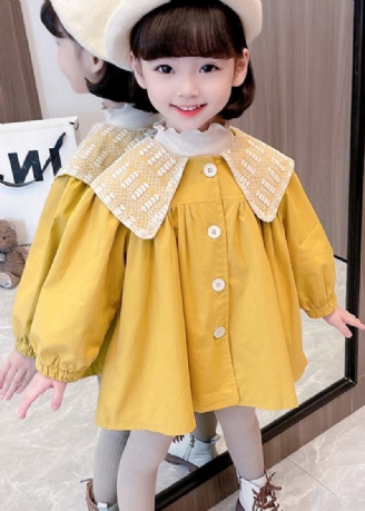 Unique Gelb Knopf Faltig Patchwork Baumwolle Baby Mädchen Trenchcoat Herbst