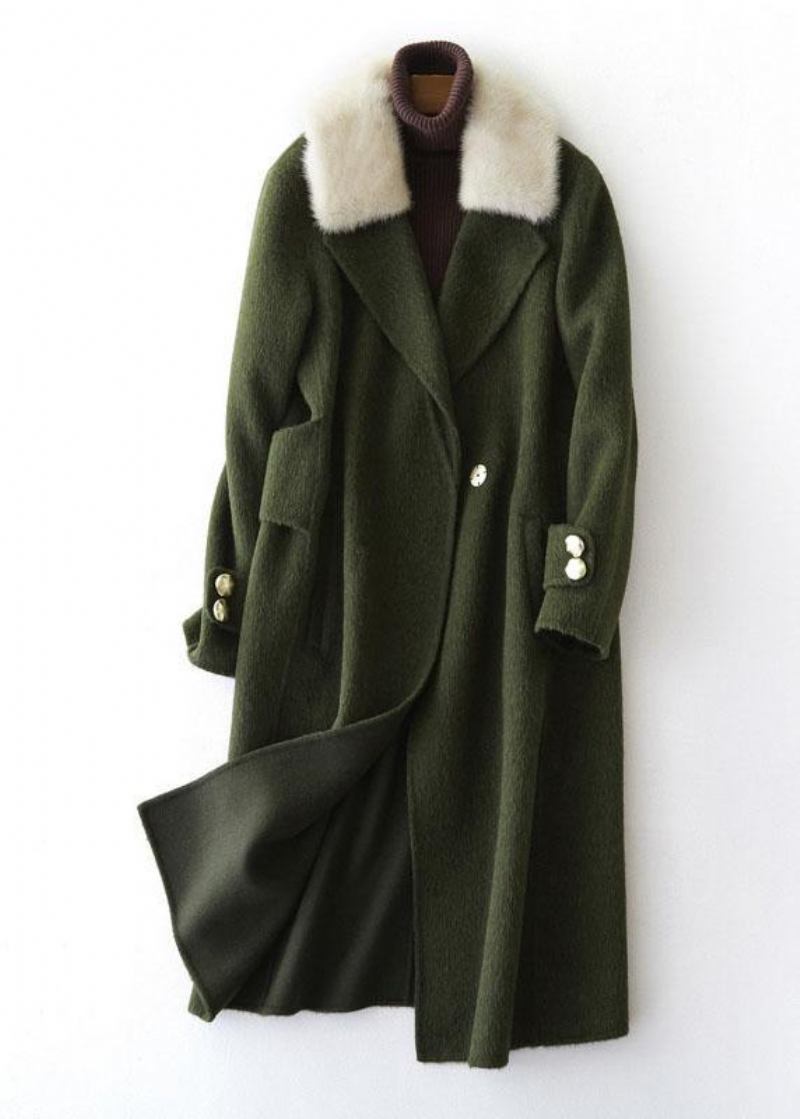 Vintage Armee Grün Wollmäntel Übergroßen Trenchcoat Pelzkragen Frauen Mäntel Kerb