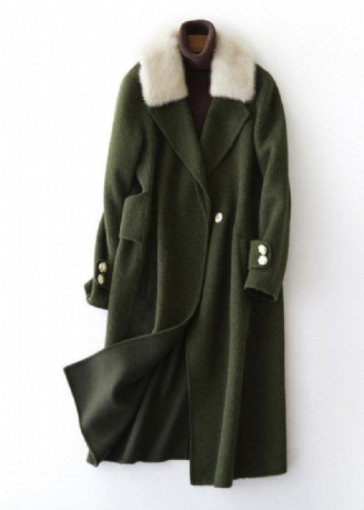 Vintage Armee Grün Wollmäntel Übergroßen Trenchcoat Pelzkragen Frauen Mäntel Kerb