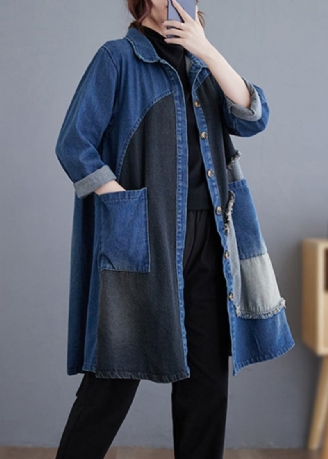 Vintage Blau Knopf Taschen Patchwork Denim Trenchcoat Herbst