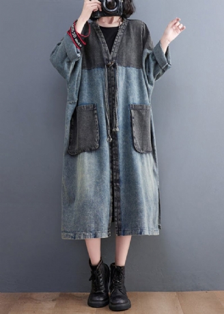 Vintage Denim Blau V-ausschnitt Patchwork Trenchcoat Frühling