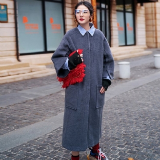 Vintage Grau Langer Mantel Übergroßer O-ausschnitt Wollmantel Boutique Schlagärmel Taschen