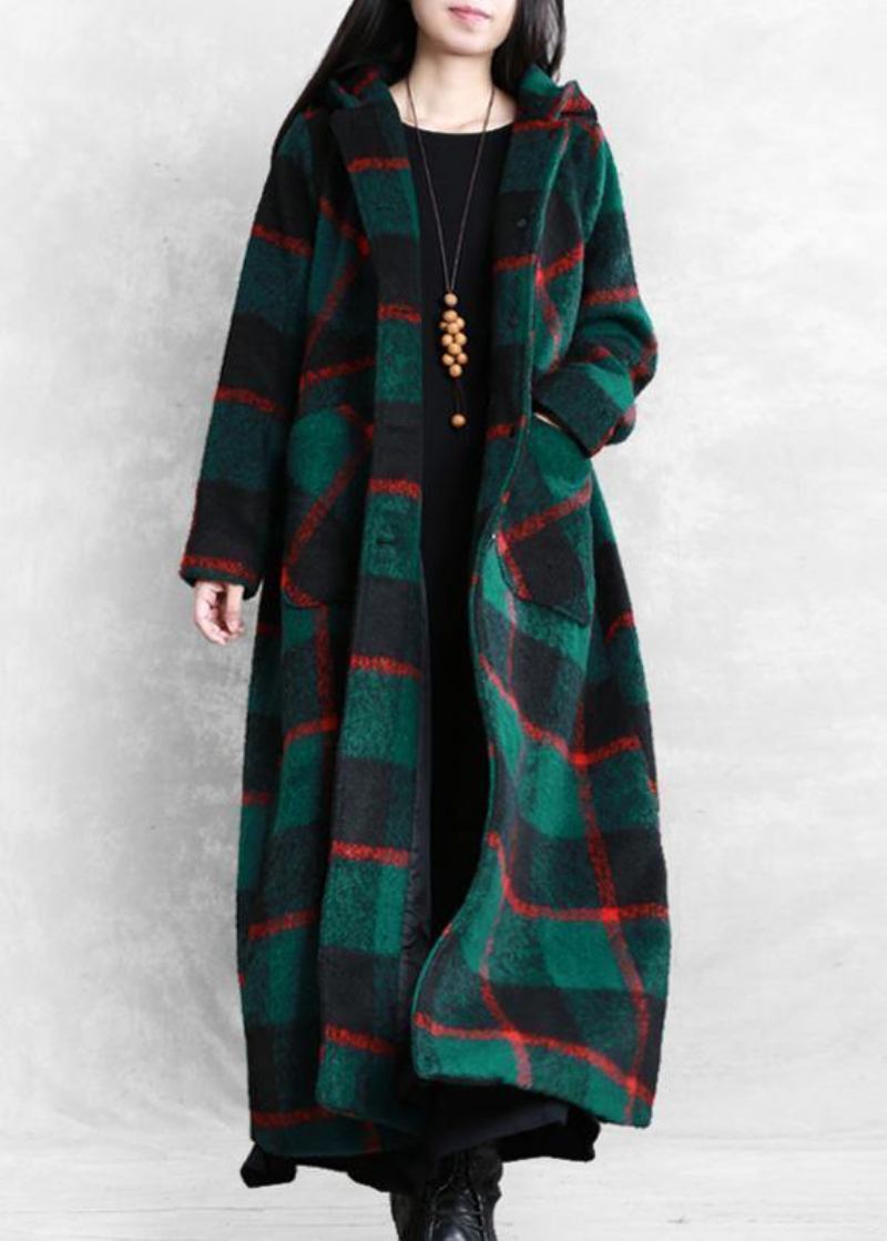 Vintage Grün Karierten Wollmantel Frauen Plus Größe Wintermantel Mäntel Kerbknopf - Damen-Trenchcoats