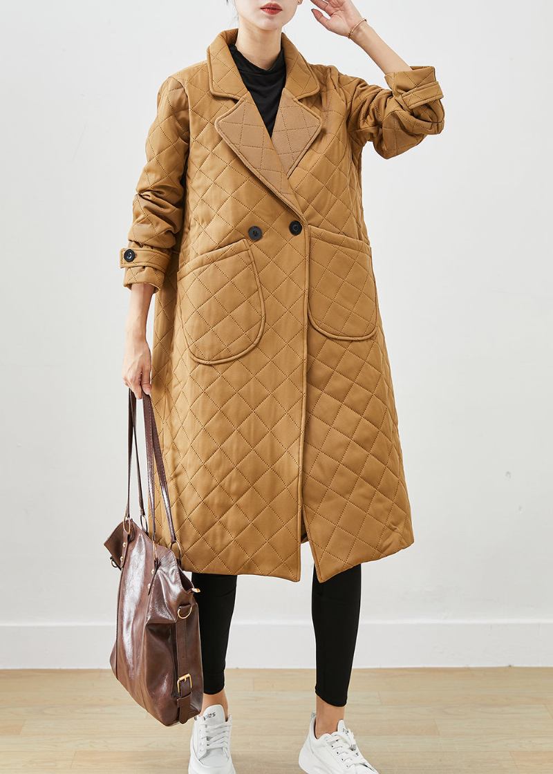 Vintage Khaki Kerb Plaid Taschen Baumwolle Mäntel Herbst - Damen-Trenchcoats