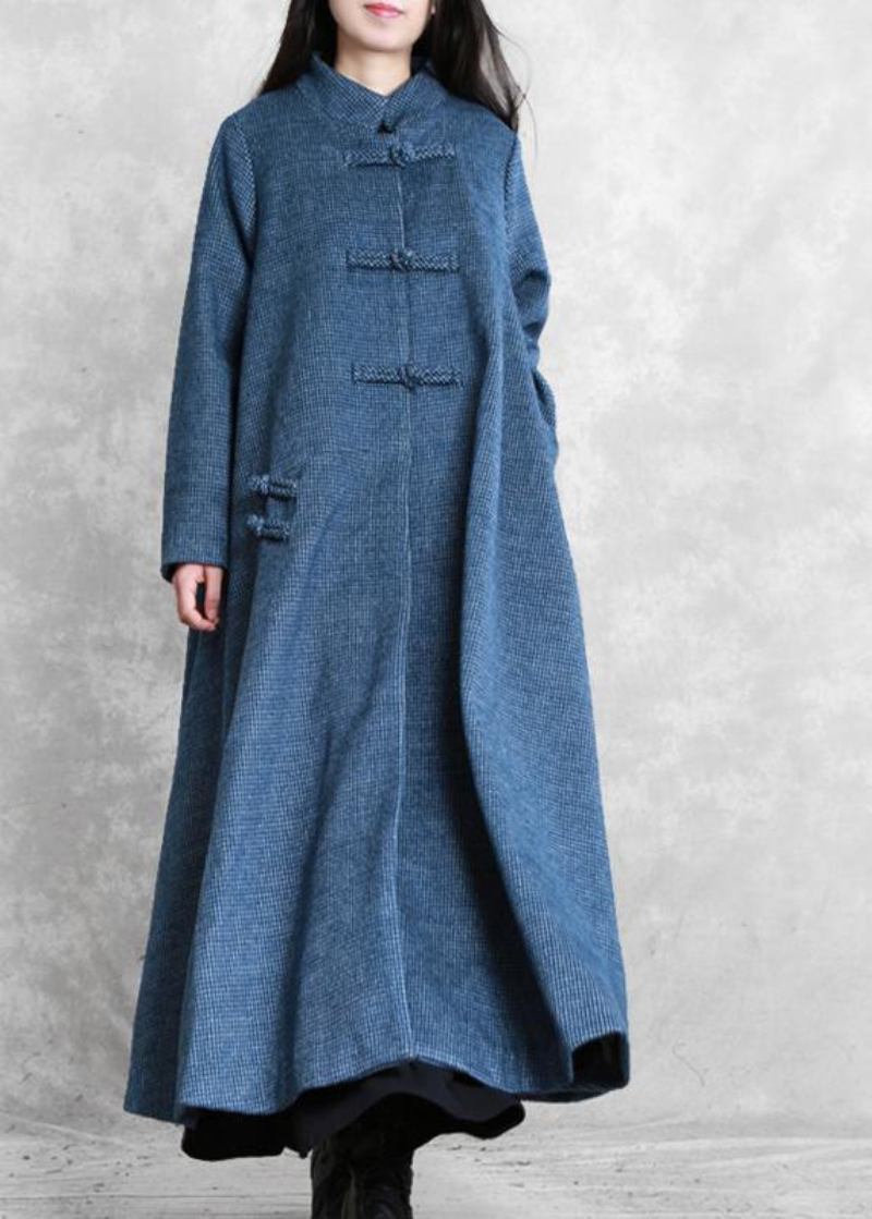 Vintage Plus Größe Jacken Mantel Blau Stehkragen Asymmetrische Wollmäntel - Damen-Trenchcoats