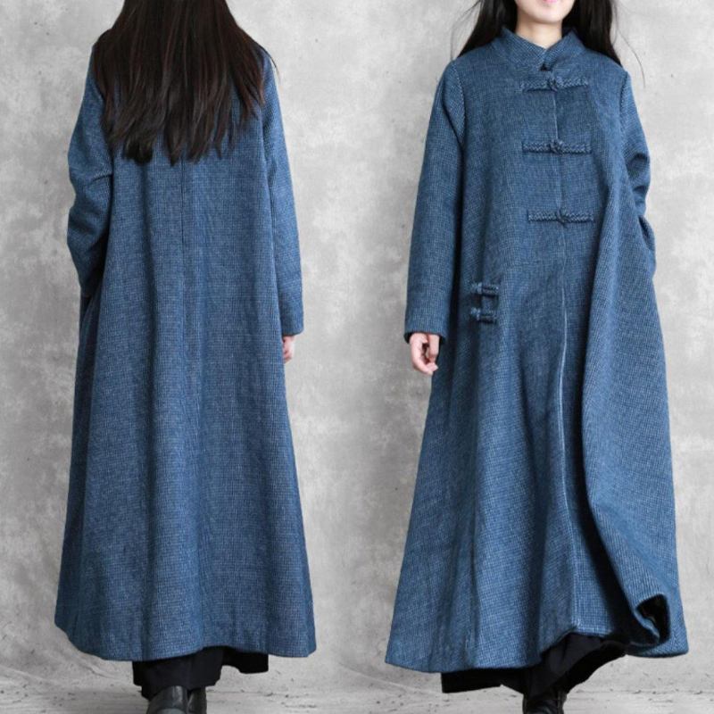 Vintage Plus Größe Jacken Mantel Blau Stehkragen Asymmetrische Wollmäntel - Damen-Trenchcoats