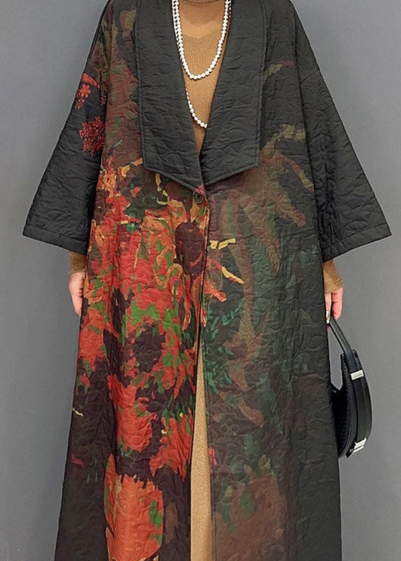 Vintage Schwarz Asymmetrische Print Lange Trenchcoats Langarm - Damen-Trenchcoats