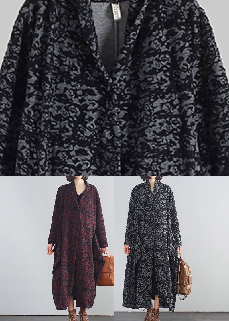 Vintage Schwarz V-ausschnitt Print Button Trenchcoats Herbst - Schwarz