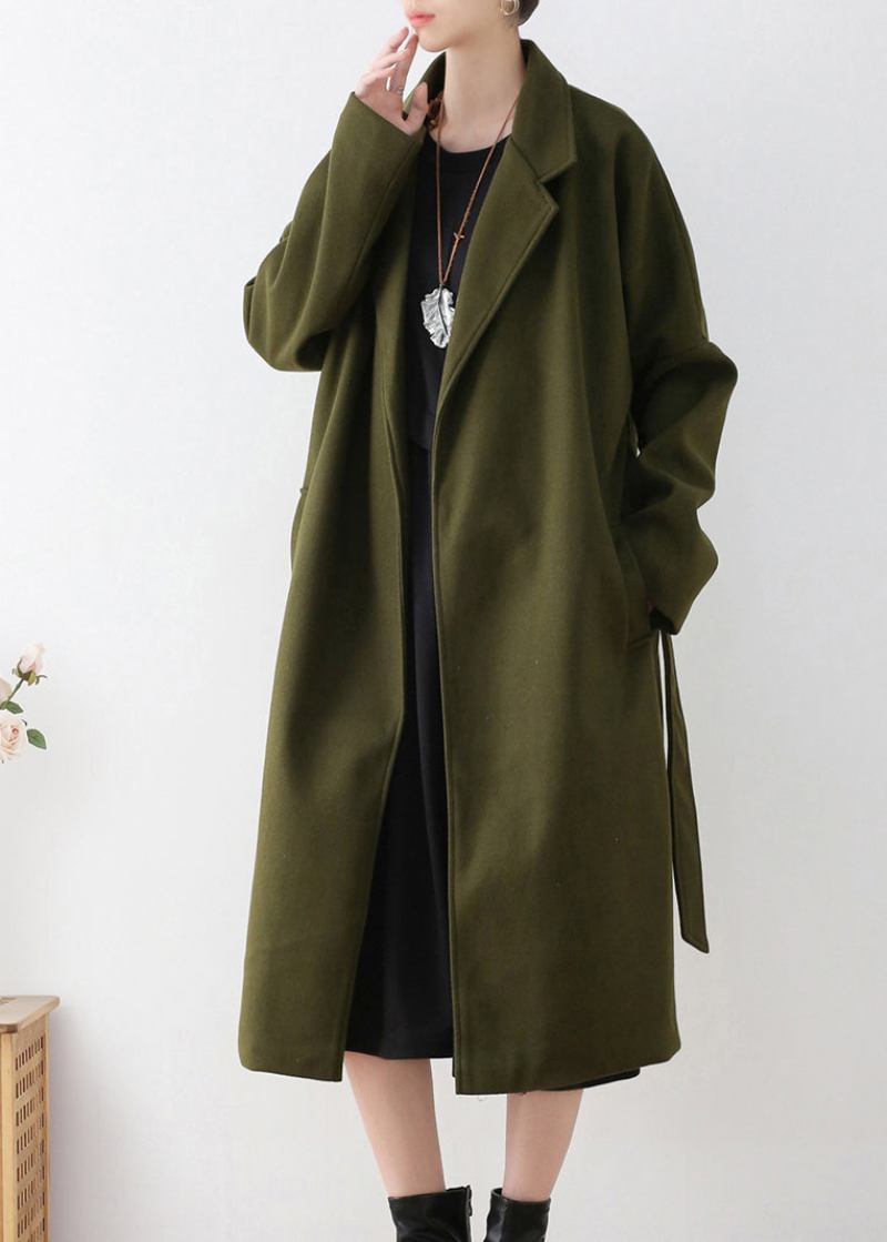 Vogue Armee Grün Kerb Krawatte Taille Woll Trenchcoats Winter