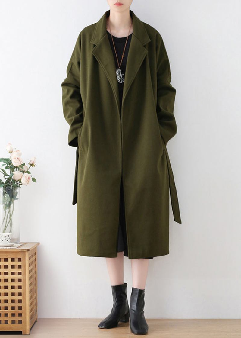 Vogue Armee Grün Kerb Krawatte Taille Woll Trenchcoats Winter - Damen-Trenchcoats