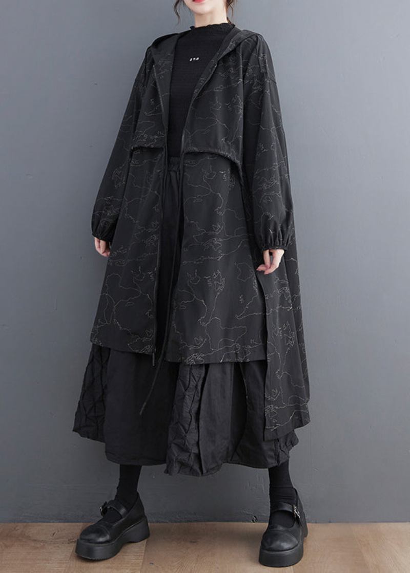 Vogue Schwarz Asymmetrische Patchwork Druck Reißverschluss Krawatte Taille Hoodie Trenchcoat Herbst - Damen-Trenchcoats