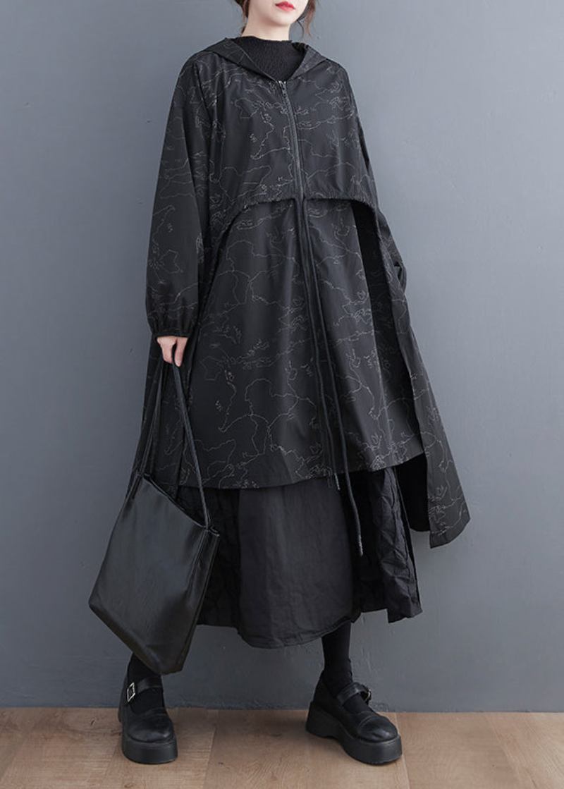 Vogue Schwarz Asymmetrische Patchwork Druck Reißverschluss Krawatte Taille Hoodie Trenchcoat Herbst - Damen-Trenchcoats