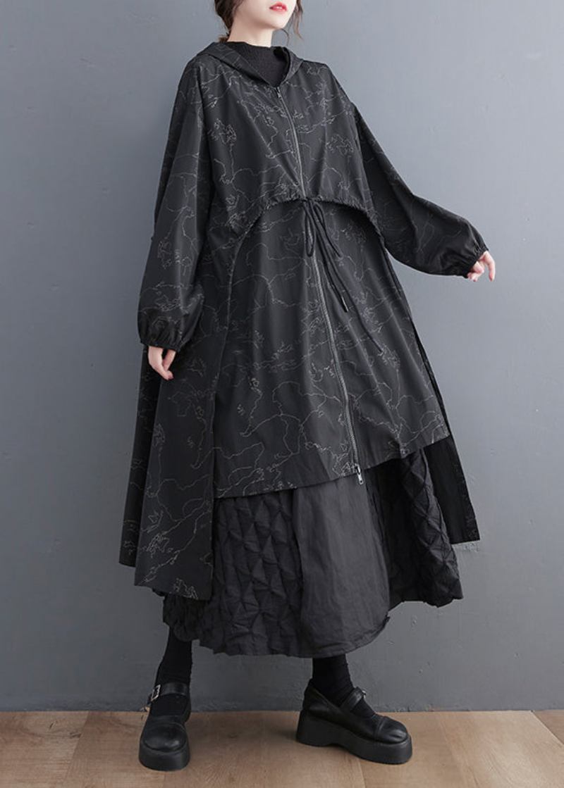 Vogue Schwarz Asymmetrische Patchwork Druck Reißverschluss Krawatte Taille Hoodie Trenchcoat Herbst - Damen-Trenchcoats