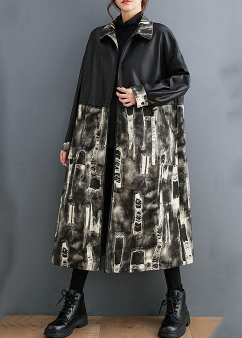 Vogue Schwarz Stehkragen Print Kunstleder Patchwork Lange Trenchcoats Langarm - Damen-Trenchcoats