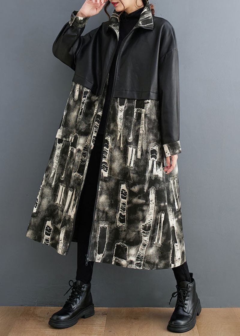 Vogue Schwarz Stehkragen Print Kunstleder Patchwork Lange Trenchcoats Langarm - Damen-Trenchcoats