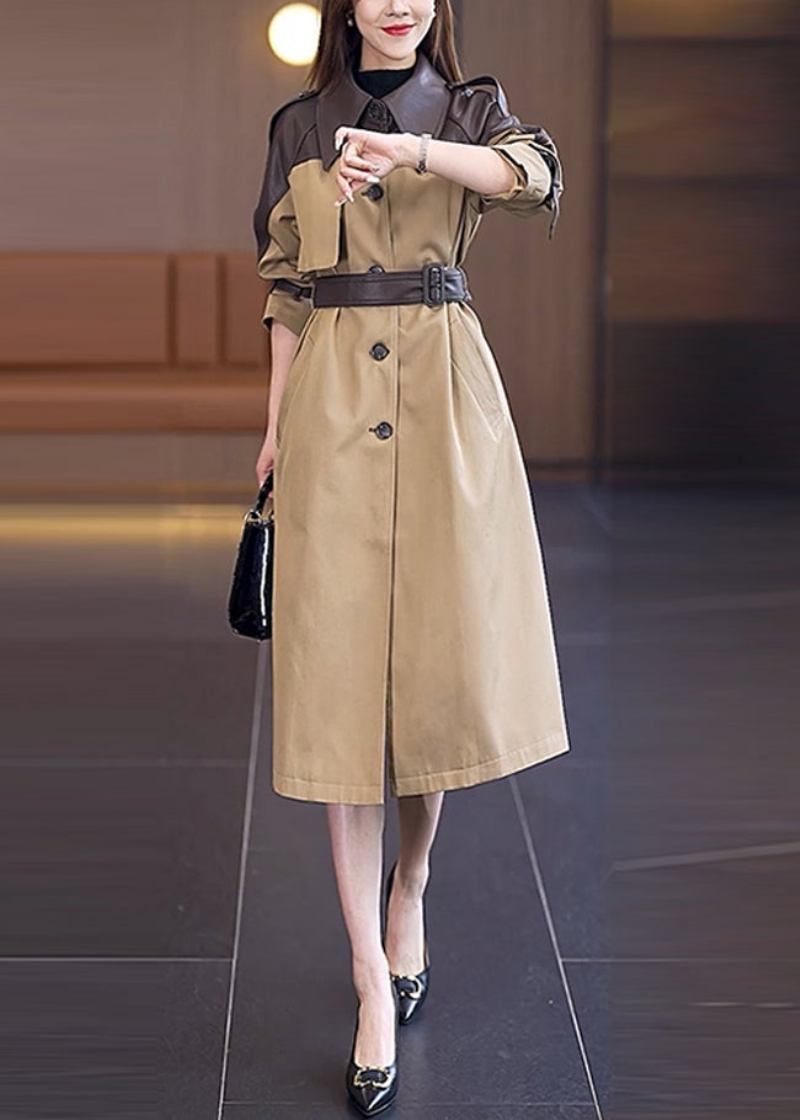 Vogue-trenchcoat Aus Khakifarbenem Peter-pan-kragen Taschen Und Patchwork-knopf Und Schärpen Frühling - Khaki