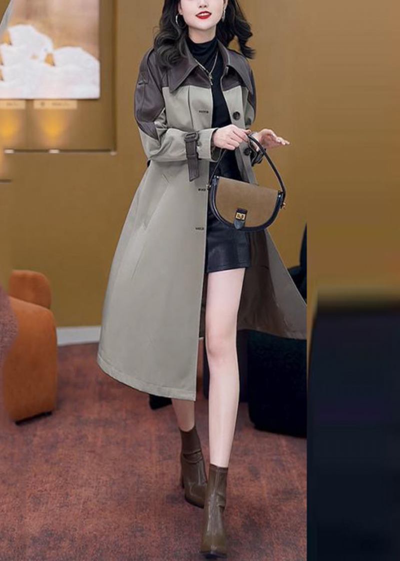 Vogue-trenchcoat Aus Khakifarbenem Peter-pan-kragen Taschen Und Patchwork-knopf Und Schärpen Frühling - Khaki