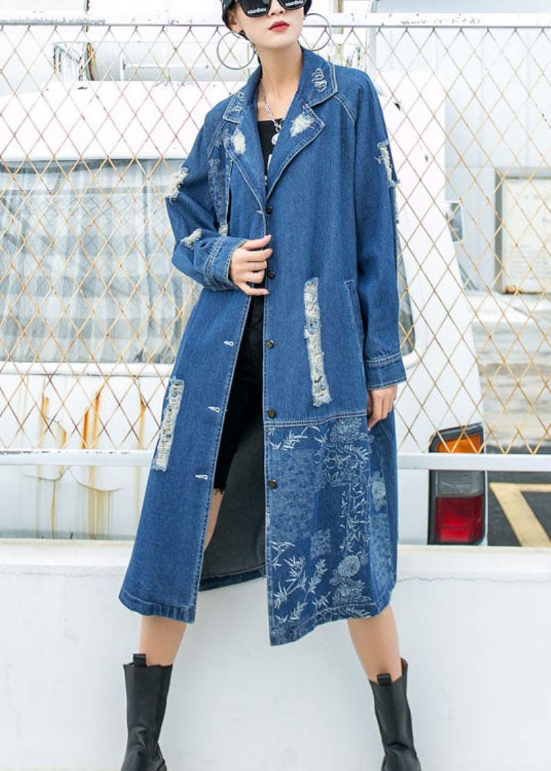 Wunderschöner Blauer Peterpan Kragen Knopf Taschen Print Loch Herbst Langarm Trenchcoat - Damen-Trenchcoats