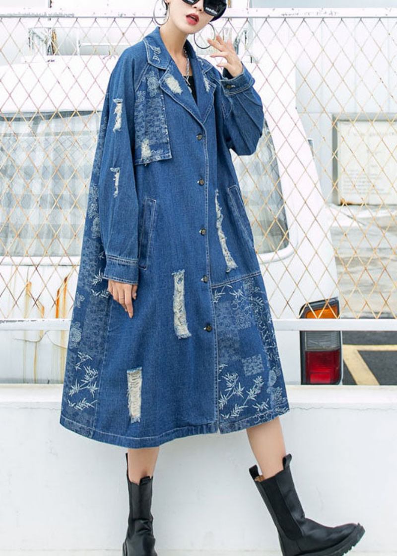 Wunderschöner Blauer Peterpan Kragen Knopf Taschen Print Loch Herbst Langarm Trenchcoat - Damen-Trenchcoats