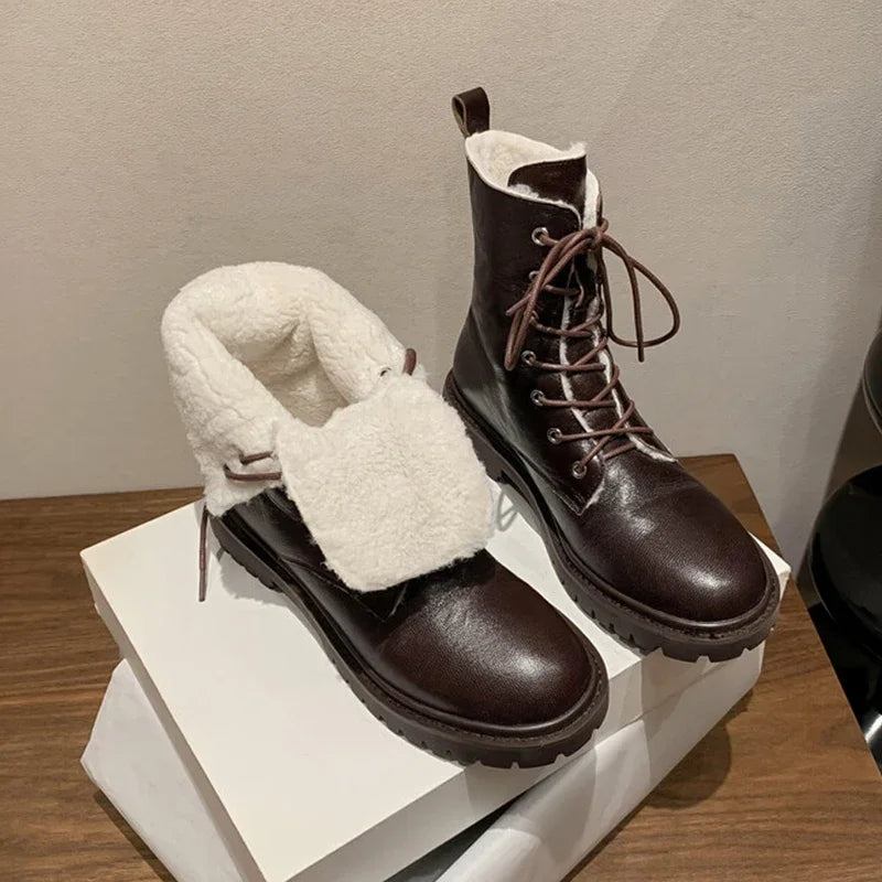 Damen Echtes Leder Wolle Warme Winterstiefel Plüsch-motorradstiefel - Braun