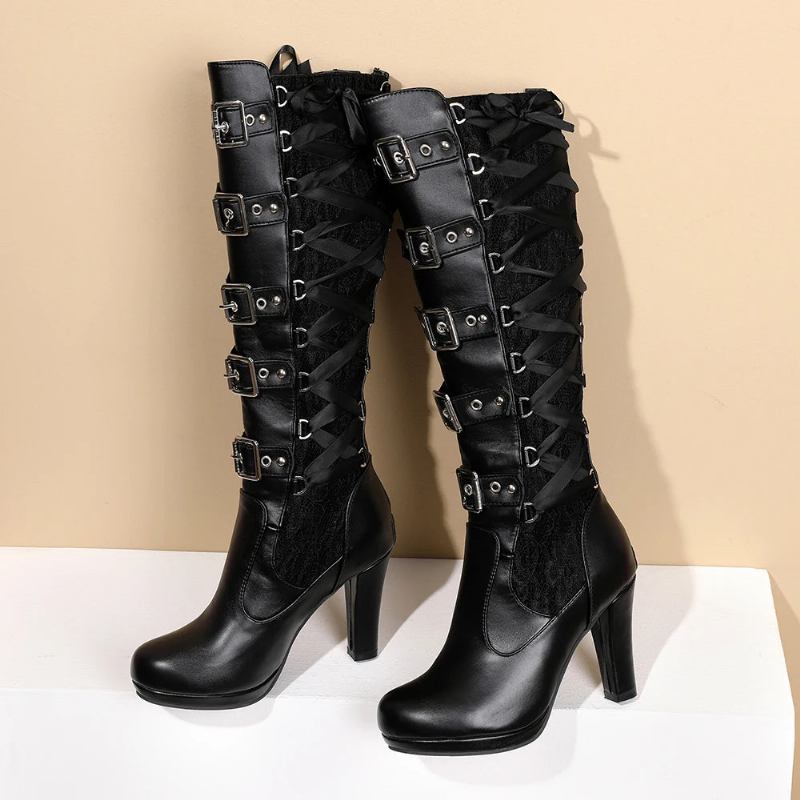 Damen Kniehohe Winterstiefel Mit Gürtelschnalle Warmhalten Spitze Lange Stiefel Gothic Reife Plateau Kniestiefeletten - schwarz