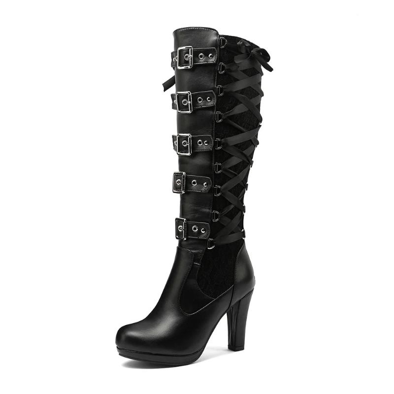 Damen Kniehohe Winterstiefel Mit Gürtelschnalle Warmhalten Spitze Lange Stiefel Gothic Reife Plateau Kniestiefeletten - schwarz