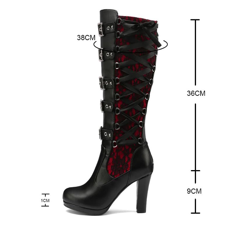 Damen Kniehohe Winterstiefel Mit Gürtelschnalle Warmhalten Spitze Lange Stiefel Gothic Reife Plateau Kniestiefeletten - schwarz