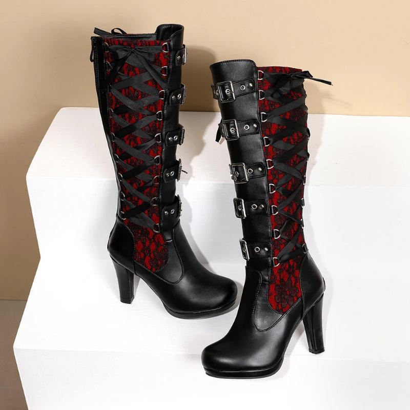 Damen Kniehohe Winterstiefel Mit Gürtelschnalle Warmhalten Spitze Lange Stiefel Gothic Reife Plateau Kniestiefeletten - schwarz