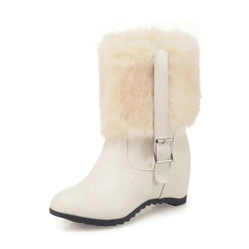 Damen Plüsch-schneestiefel Mit Gürtelschnalle Dicker Absatz Winter Warm Höhe Erhöhen Trendy Plateauschuhe - Beige