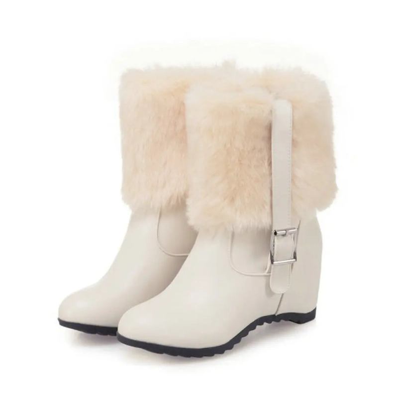 Damen Plüsch-schneestiefel Mit Gürtelschnalle Dicker Absatz Winter Warm Höhe Erhöhen Trendy Plateauschuhe - Beige