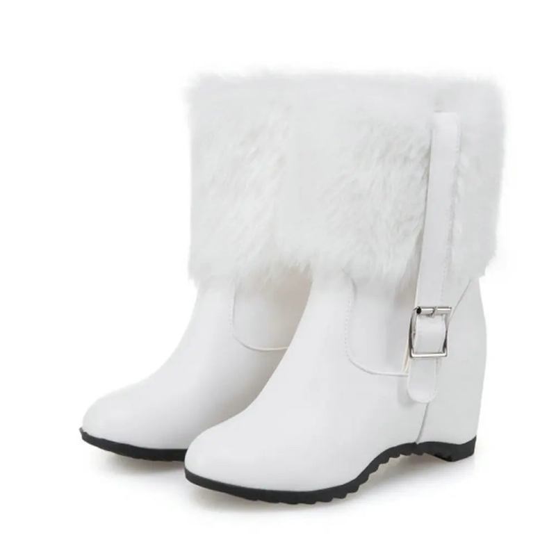 Damen Plüsch-schneestiefel Mit Gürtelschnalle Dicker Absatz Winter Warm Höhe Erhöhen Trendy Plateauschuhe - Beige