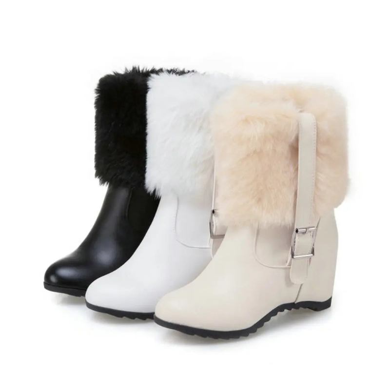 Damen Plüsch-schneestiefel Mit Gürtelschnalle Dicker Absatz Winter Warm Höhe Erhöhen Trendy Plateauschuhe - Beige