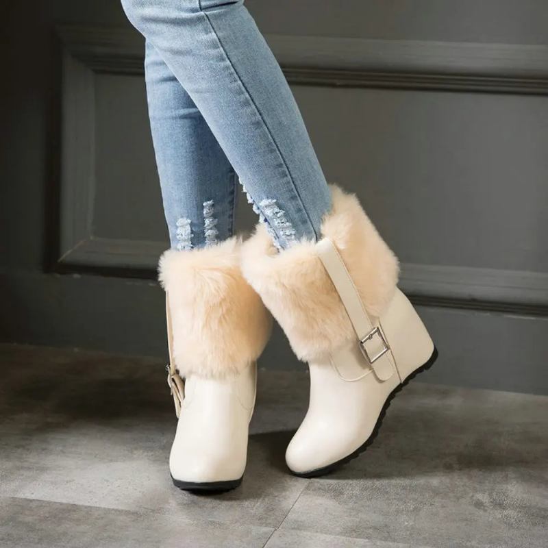 Damen Plüsch-schneestiefel Mit Gürtelschnalle Dicker Absatz Winter Warm Höhe Erhöhen Trendy Plateauschuhe - Beige