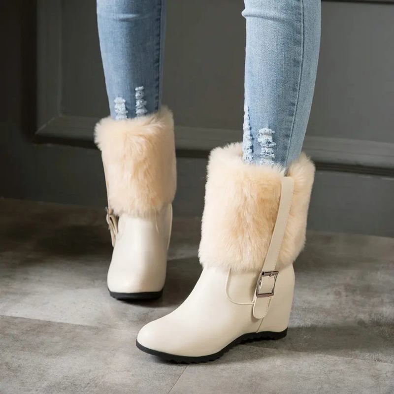 Damen Plüsch-schneestiefel Mit Gürtelschnalle Dicker Absatz Winter Warm Höhe Erhöhen Trendy Plateauschuhe - Beige