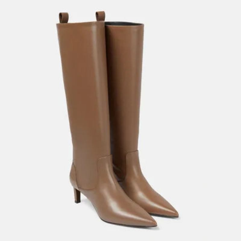 Damen Stiefel Ritter Kniehohe Herbst Winter Leder Spitzzehen - Khaki