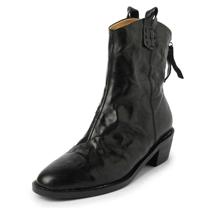 Damen Stiefeletten Mit Reißverschluss Leder-winterstiefel Mit Quadratischem Absatz Und Mittlerem Für - Schwarz ck