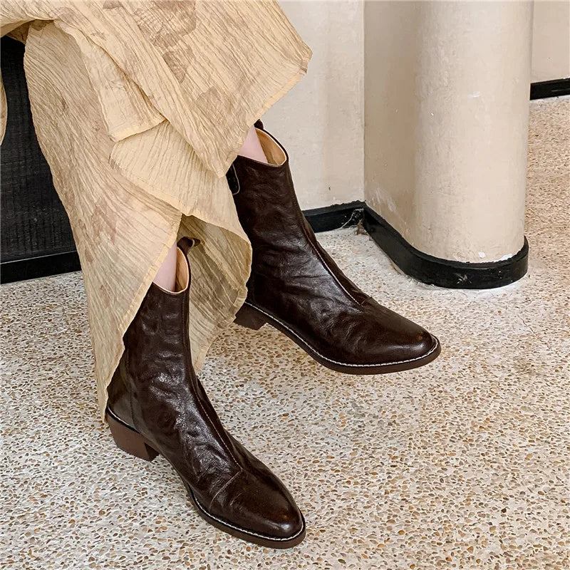 Damen Stiefeletten Mit Reißverschluss Leder-winterstiefel Mit Quadratischem Absatz Und Mittlerem Für - Schwarz ck