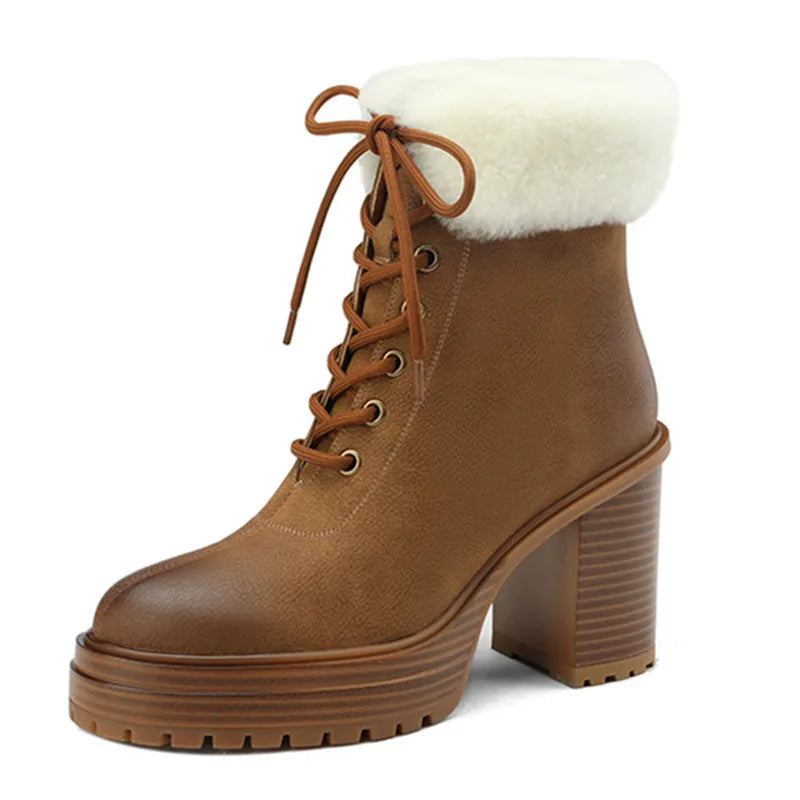 Damen Winterstiefel Echtes Leder Stiefeletten Dicke Plüsch-schneestiefel - braun