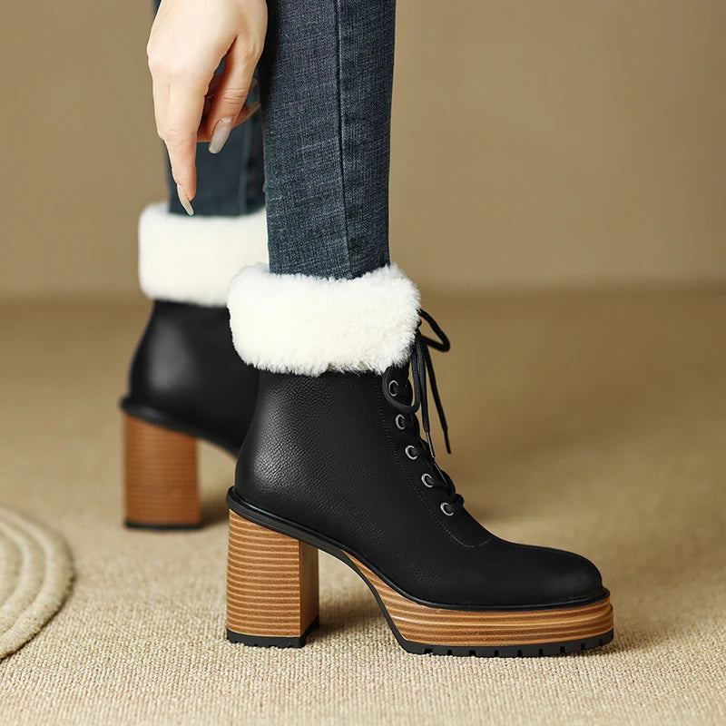 Damen Winterstiefel Echtes Leder Stiefeletten Dicke Plüsch-schneestiefel - braun