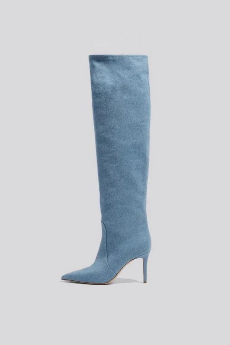 Denim Damen-kniestiefel Herbst/winter Spitze Zehen Dünne High Heels