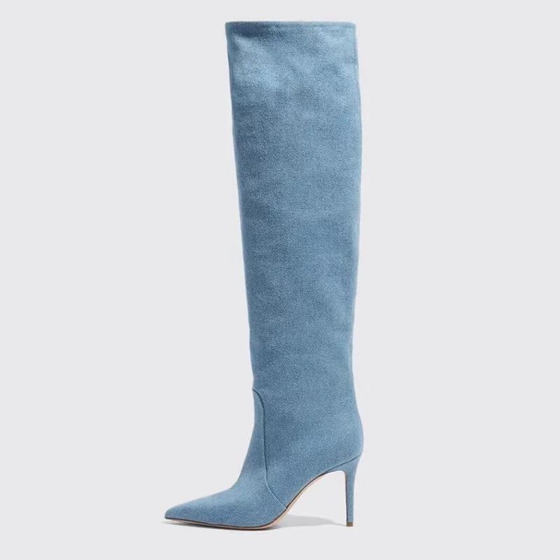 Denim Damen-kniestiefel Herbst/winter Spitze Zehen Dünne High Heels - Blau