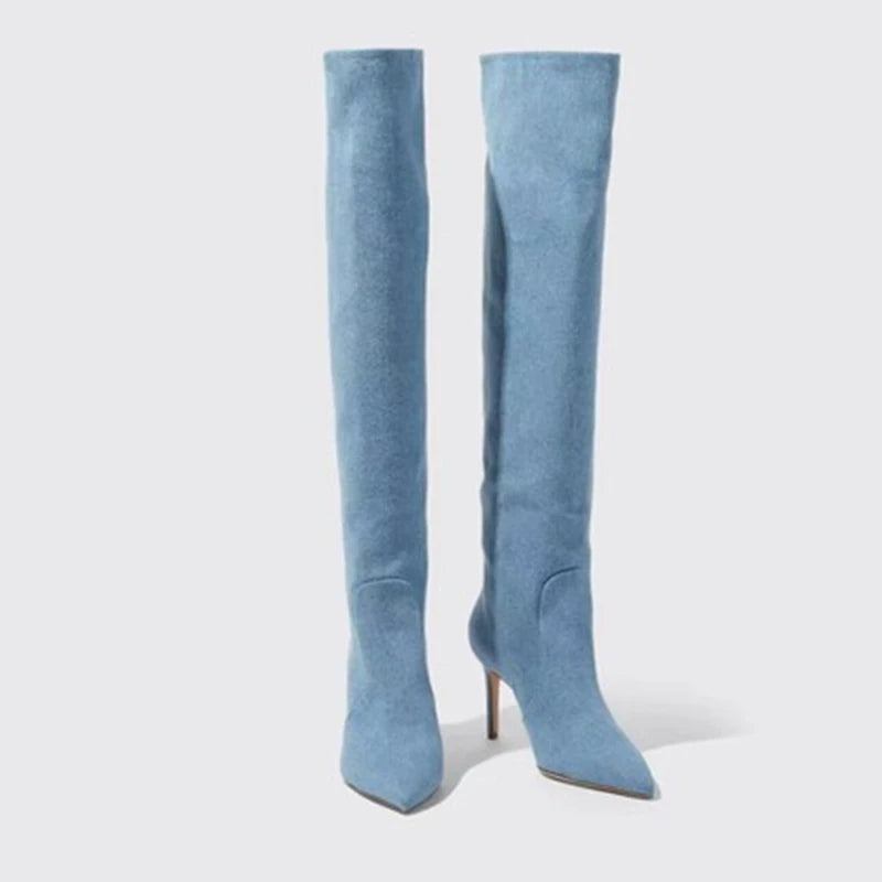 Denim Damen-kniestiefel Herbst/winter Spitze Zehen Dünne High Heels - Blau